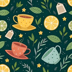 Design an enchanting seamless pattern featuring various shades of tea and its elements like teacups, lemon slices, leaves, and tea bags in cartoon style. The background should be dark green with subtl