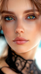 Close-up portrait of a woman dressed in lace and leather, aesthetically pleasing. Beautiful and sensual woman in&nbsp;broad&nbsp;daylight.