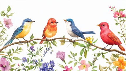 Obraz premium Colorful Birds on Branch with Flowers: A Watercolor Painting of Nature
