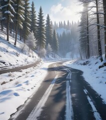 Cold winter day with a snow-covered road winding through the forest, snow, road, cold, landscape, scenery