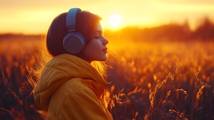 Fototapeta premium Young woman enjoying sunset music in a golden field with headphones.