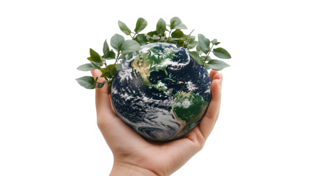 Earth Day PNG file, hand holding the Earth globe with plants, symbolizing environmental care and sustainable growth, isolated on white