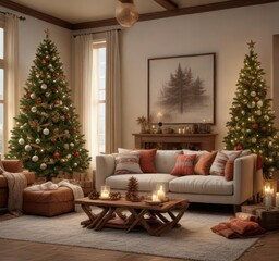 Cozy living room with Christmas tree decorated with cinnamon sticks and pinecones, cozy space, soft lighting