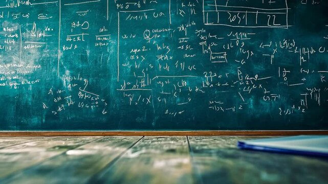 Chalkboard filled mathematical equations and diagrams.symbols empty classroom desk perspective.blackboard shows varying calculations suggesting active learning.seats hint's temporarility unused