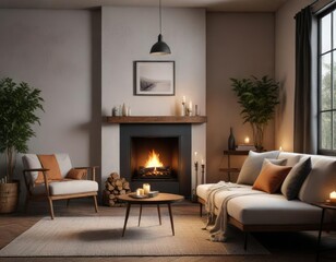 Cozy reading nook with a fireplace and comfortable seating, cozy atmosphere, rustic charm, plush rugs