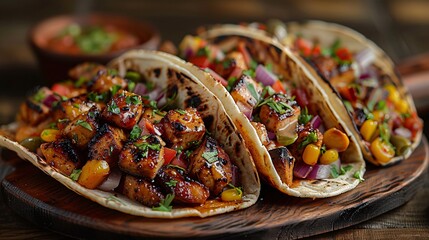 Closeup of delicious tacos stuffed with chicken chunks corns tomatoes and onion topped with fresh parsley placed on round wooden board
