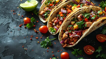 Delicious three tacos filled with chicken and different vegetables topped with green herbs placed on dark surface full of tomatoes and parsley