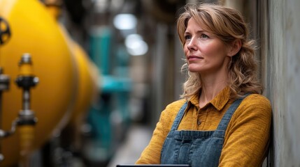 Fototapeta premium Confident Female Engineer Standing in Industrial Factory Setting with Modern Machinery