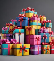 Fototapeta premium Colorful gift boxes stacked horizontally with matching bows at the top and bottom, colorful gifts, gift wrapping