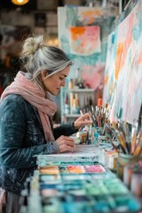 Fototapeta premium Female Artist Engaging in Creative Process in Bright Studio Workspace