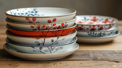Beautiful set of hand painted ceramic empty plates placed on wooden table