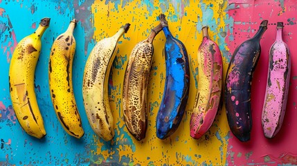 A set of bananas placed on a wall full of paint colors behind