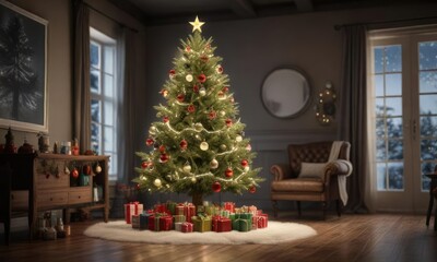 Decorated Christmas tree with lights and ornaments, pinecones, greenery