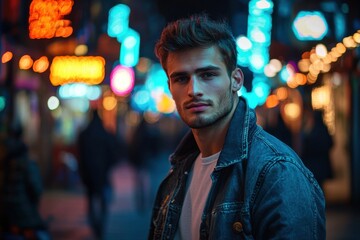 Fototapeta premium Urban nightlife vibes portrait of a young man city streets photography neon environment close-up shot lifestyle impact