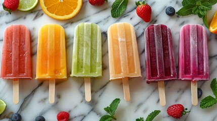 Top view of cold colorful popsicles served with fresh strawberries  and lemon slices placed on marble textured white and grey surface