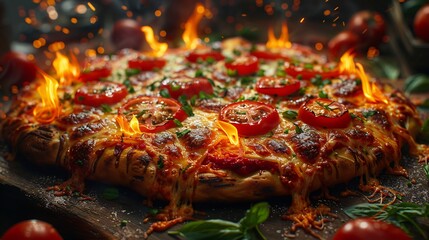 A delicious oven baked pizza with crispy crust topped with tomato slices and herbs placed on wooden table