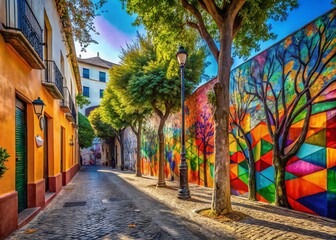Fototapeta premium Ronda, Malaga, Spain: Vibrant Graffiti Art & Lush Trees - October 22, 2024