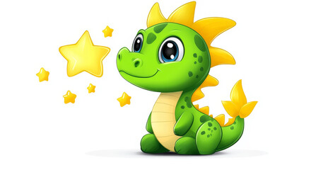 Fototapeta premium Cute Baby Dragon Gazing at Stars - Adorable cartoon baby dragon with bright eyes looking up at shining stars. Perfect for children's books, illustrations, or designs.