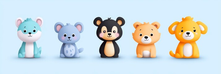 Obraz premium Adorable Cartoon Animal Friends - Five cute cartoon animals sitting together: a blue bunny, a gray mouse, a black bear, an orange fox, and a yellow puppy. Perfect for kids' products.