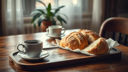 Cozy coffee table scene with wooden tray and fresh homemade bread in warm lighting, morning scene, artisanal bread