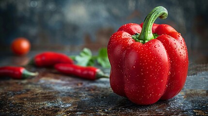Closeup of red bell pepper near some fresh red chilies placed on dark wooden table