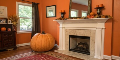 Cozy room with orange walls and a giant pumpkin on the mantel, seasonal accents, cozy home, autumnal atmosphere