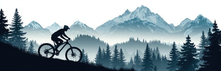 Silhouette of a Cyclist Riding Amidst Majestic Mountain Peaks and Forest Scenery
