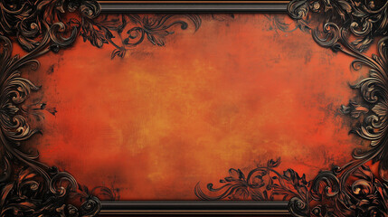Vintage burnt orange background with ornate black and gold floral frame, perfect for formal invitations, antique-themed designs, or luxury branding materials
