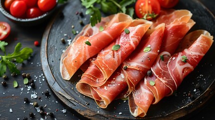 Delicious smoked ham wraps served with some tomatoes and fresh parsley placed on wooden plate on dark table