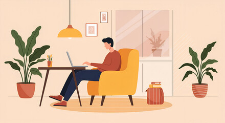 Fototapeta premium A person sitting in a chair with a laptop in a cozy room with plants and a window.