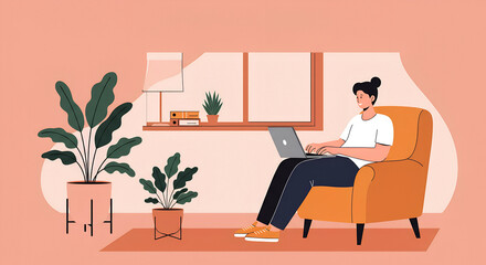 A person sitting in a chair with a laptop in a cozy room with plants and a window.