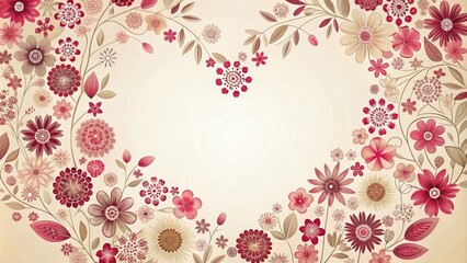 Elegant floral pattern featuring heart-shaped flowers in shades of pink, red, and white on a soft, cream background, hearts, romantic, whimsical