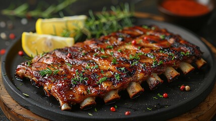 Delicious roasted ribs topped with some spices and herbs served with fresh lemon slices and placed on a pan over wooden board