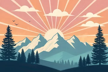 Fototapeten Majestic mountain landscape illustration at sunrise with vibrant colors and silhouettes of trees © Elena