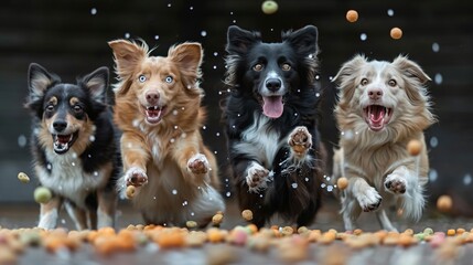 Studio shot of three cute dogs catching balls in front of dark background
