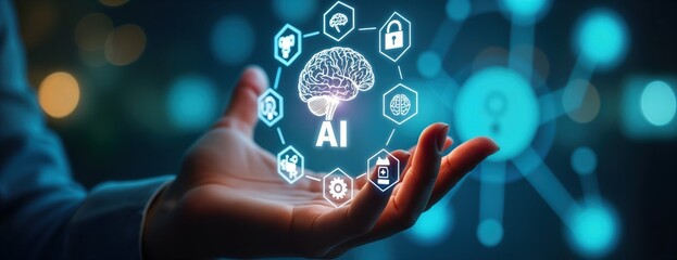 Person holds holographic AI brain icon. Digital interface shows tech concepts. Futuristic vision of AI, IoT. Conceptual image. Modern tech. Hand in center. Innovation, future. Person interacts with