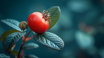 Beautiful picture of rosehip fruit standing on plant full of green leaves against blur background