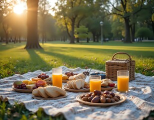 Golden Hour Picnic: Sunlit Park, Delicious Treats, Warm Atmosphere