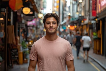 Fototapeta premium Young man smiling in vibrant city alley urban lifestyle candid shot daytime positive energy