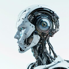 Fototapeta premium Very detailed robot is looking to the left of the frame with its blue eye glowing