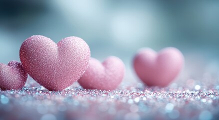 Obraz premium Pink Glitter Hearts on Sparkling Background Valentine s Day Romance