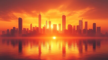 Fototapeta premium Fiery sunset cityscape waterfront reflection, urban sunrise