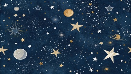 Fototapeta premium Dark indigo blue background with scattered stars and celestial bodies in shades of silver and gold, conveying a sense of cosmic wonder, planets, astronomy, galaxy, magical