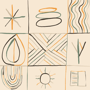 Neo-Primitive Grid with Hand-Drawn Desert Motifs