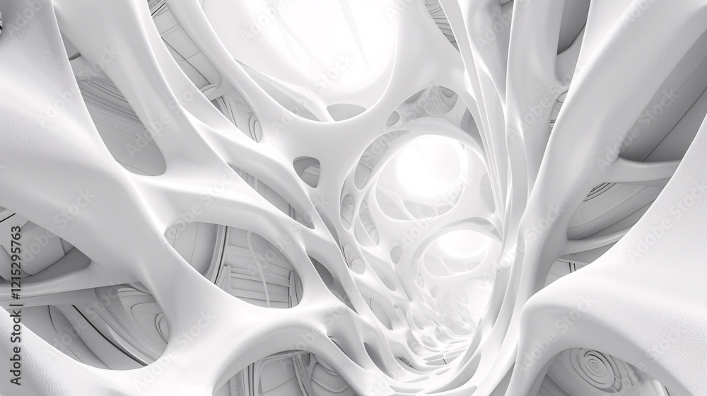 Poster up-close view of a futuristic white intricate organic network rendered in 3d