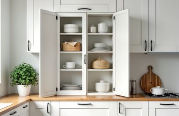 White glass cabinet door open. Clean dishes, decor displayed inside. Scandinavian style kitchen interior shows organized storage. Modern kitchen design present with open white cabinet doors. Natural
