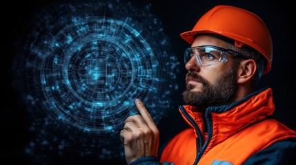 construction worker in an orange helmet and safety vest engages with futuristic digital graphics, showcasing a blend of modern technology and construction safety