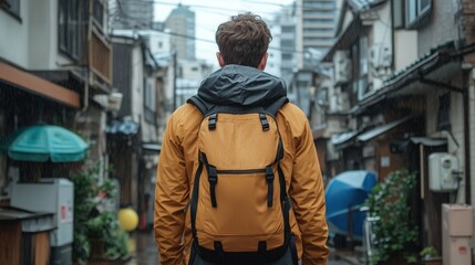 Obraz premium traveler stands in a narrow alley, surrounded by traditional buildings, while rain falls lightly. bright yellow jacket stands out against the subdued tones of the wet environment