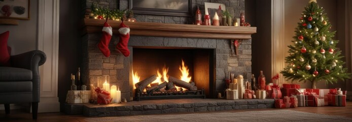 Decorated mantel with stockings and presents in front of a crackling fireplace, holiday cheer, stockings, christmas eve