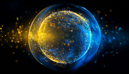 Magic round shape with blue and yellow neon particles. Glowing energy orb. Abstract design.